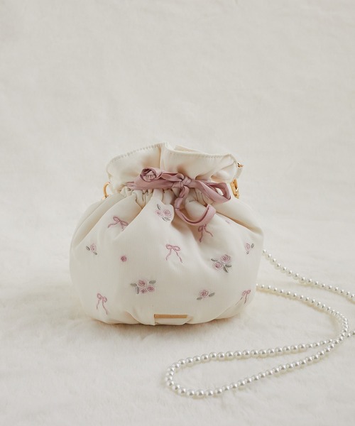 セール】ローズリボン刺繍巾着ショルダーバッグ（ショルダー