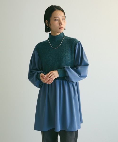 armonia（アルモニーア）の「armonia.布帛切り替えニットミニワンピース（ワンピース・レディース・グレー/ブルー/ベージュ・FREE）」の3枚目の写真