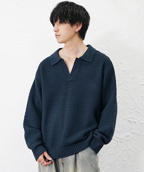 MinoriTY(マイノリティ)の「【MinoriTY】立体ハニカム編みスキッパーポロニットセーター メンズ ポロシャツ オーバーサイズ ビッグシルエット 襟付き セーター 冬服 春服(ニット/セーター・メンズ・ブラック/ベージュ/ブルー/グレイッシュベージュ/モカ/ネイビー/ダークブラック・S/M/L)」の6枚目の写真