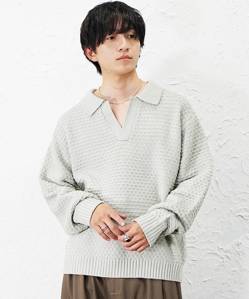 MinoriTY(マイノリティ)の「【MinoriTY】立体ハニカム編みスキッパーポロニットセーター メンズ ポロシャツ オーバーサイズ ビッグシルエット 襟付き セーター 冬服 春服(ニット/セーター・メンズ・ブラック/ベージュ/ブルー/グレイッシュベージュ/モカ/ネイビー/ダークブラック・S/M/L)」の5枚目の写真