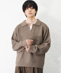 MinoriTY（マイノリティ）の「【MinoriTY】立体ハニカム編みスキッパーポロニットセーター メンズ ポロシャツ オーバーサイズ ビッグシルエット 襟付き セーター 冬服 春服（ニット/セーター）」