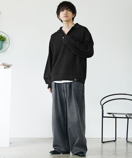 MinoriTY】袖バルーン7Gスキッパーポロニットセーター メンズ