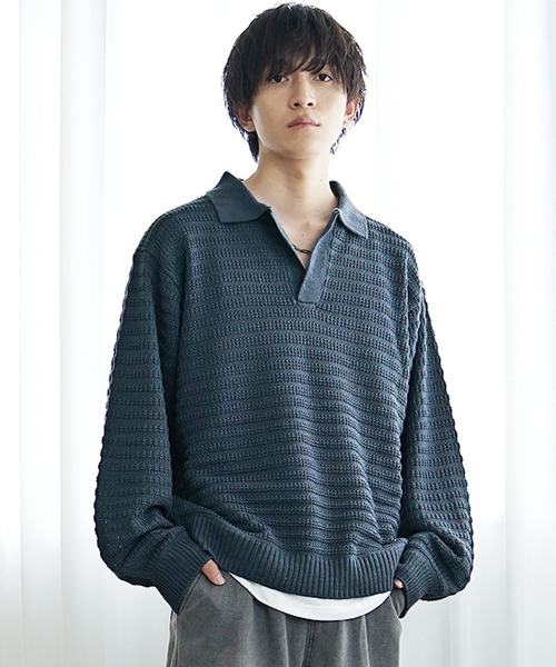 MinoriTY(マイノリティ)の「【MinoriTY】立体ハニカム編みスキッパーポロニットセーター メンズ ポロシャツ オーバーサイズ ビッグシルエット 襟付き セーター 冬服 春服(ニット/セーター・メンズ・ブラック/ベージュ/ブルー/グレイッシュベージュ/モカ/ネイビー/ダークブラック・S/M/L)」の10枚目の写真