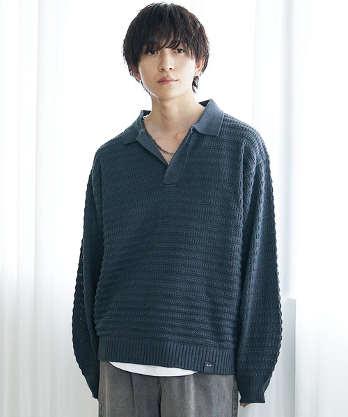 MinoriTY(マイノリティ)の「【MinoriTY】立体ハニカム編みスキッパーポロニットセーター メンズ ポロシャツ オーバーサイズ ビッグシルエット 襟付き セーター 冬服 春服(ニット/セーター・メンズ・ブラック/ベージュ/ブルー/グレイッシュベージュ/モカ/ネイビー/ダークブラック・S/M/L)」の11枚目の写真