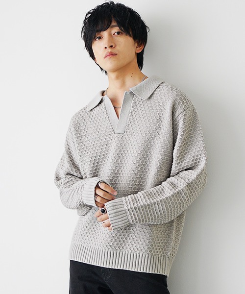 セール】【MinoriTY】袖バルーン7Gスキッパーポロニットセーター