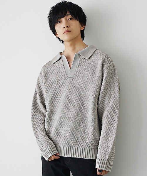 MinoriTY】袖バルーン7Gスキッパーポロニットセーター メンズ