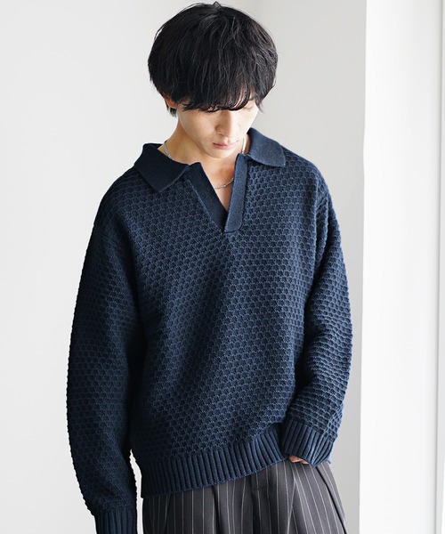 MinoriTY】立体ハニカム編みスキッパーポロニットセーター メンズ