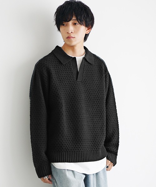 stein ニットポロ オーバーサイズ M セール】【MinoriTY】立体ハニカム編みスキッパーポロニットセーター