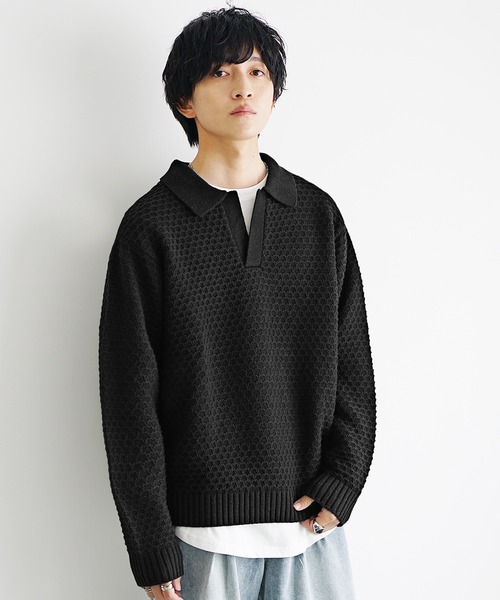 MinoriTY】袖バルーン7Gスキッパーポロニットセーター メンズ