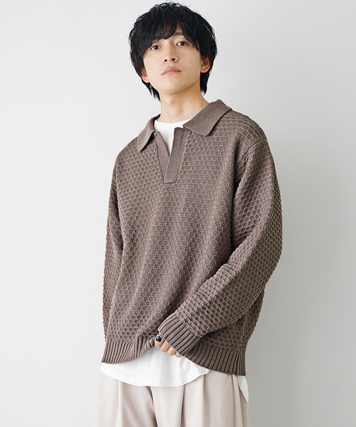 MinoriTY】袖バルーン7Gスキッパーポロニットセーター メンズ