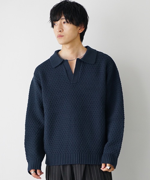 セール】【MinoriTY】立体ハニカム編みスキッパーポロニットセーター