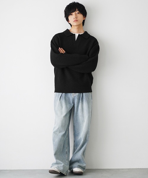 セール】【MinoriTY】立体ハニカム編みスキッパーポロニットセーター