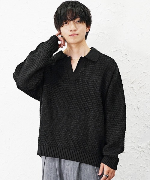 MinoriTY(マイノリティ)の「【MinoriTY】立体ハニカム編みスキッパーポロニットセーター メンズ ポロシャツ オーバーサイズ ビッグシルエット 襟付き セーター 冬服 春服(ニット/セーター・メンズ・ブラック/ベージュ/ブルー/グレイッシュベージュ/モカ/ネイビー/ダークブラック・S/M/L)」の21枚目の写真