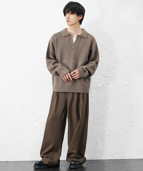 MinoriTY(マイノリティ)の「【MinoriTY】立体ハニカム編みスキッパーポロニットセーター メンズ ポロシャツ オーバーサイズ ビッグシルエット 襟付き セーター 冬服 春服(ニット/セーター・メンズ・ブラック/ベージュ/ブルー/グレイッシュベージュ/モカ/ネイビー/ダークブラック・S/M/L)」の18枚目の写真