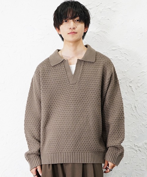 セール】【MinoriTY】立体ハニカム編みスキッパーポロニットセーター