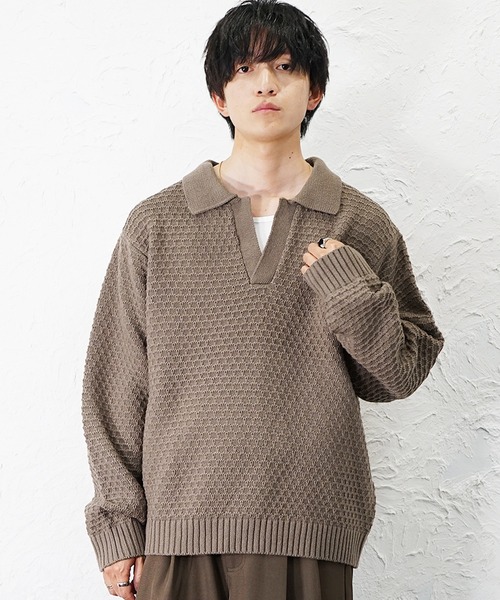 MinoriTY(マイノリティ)の「【MinoriTY】立体ハニカム編みスキッパーポロニットセーター メンズ ポロシャツ オーバーサイズ ビッグシルエット 襟付き セーター 冬服 春服(ニット/セーター・メンズ・ブラック/ベージュ/ブルー/グレイッシュベージュ/モカ/ネイビー/ダークブラック・S/M/L)」の17枚目の写真