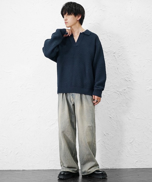 MinoriTY(マイノリティ)の「【MinoriTY】立体ハニカム編みスキッパーポロニットセーター メンズ ポロシャツ オーバーサイズ ビッグシルエット 襟付き セーター 冬服 春服(ニット/セーター・メンズ・ブラック/ベージュ/ブルー/グレイッシュベージュ/モカ/ネイビー/ダークブラック・S/M/L)」の14枚目の写真