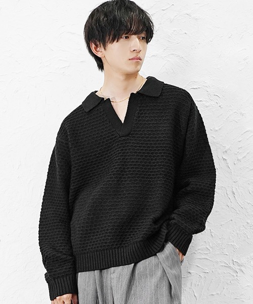 MinoriTY(マイノリティ)の「【MinoriTY】立体ハニカム編みスキッパーポロニットセーター メンズ ポロシャツ オーバーサイズ ビッグシルエット 襟付き セーター 冬服 春服(ニット/セーター・メンズ・ブラック/ベージュ/ブルー/グレイッシュベージュ/モカ/ネイビー/ダークブラック・S/M/L)」の19枚目の写真