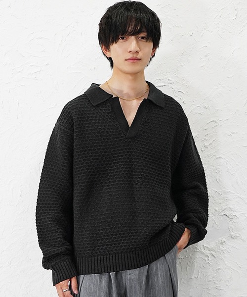 MinoriTY(マイノリティ)の「【MinoriTY】立体ハニカム編みスキッパーポロニットセーター メンズ ポロシャツ オーバーサイズ ビッグシルエット 襟付き セーター 冬服 春服(ニット/セーター・メンズ・ブラック/ベージュ/ブルー/グレイッシュベージュ/モカ/ネイビー/ダークブラック・S/M/L)」の20枚目の写真