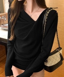アシメトリー ドレープ衿 ニットプルーオーバー