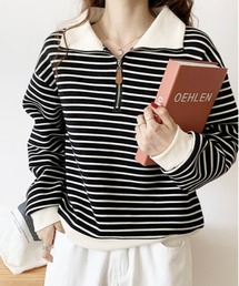 tシャツ ボーダー柄ハーフジップースウェット-手洗い可- レディース ボーダー柄 スウェット ハーフジップ ワッペン ポロ襟