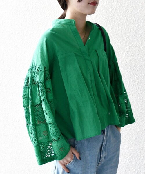 セール】SHIPS any:〈手洗い可能〉パッチワーク レース スリーブ