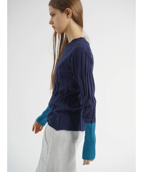 :ETHROF(イーサオブ)の「BI-COLOR JACQUARD KNIT (ROUND NECK)(ニット/セーター・レディース・ブラック/ブルー/ネイビー・FREE)」の9枚目の写真