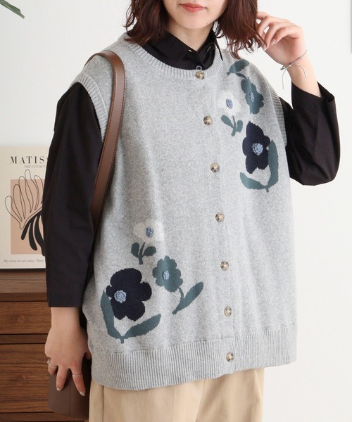 Emago(イマゴ)の「EMAGO 花の刺繍ジャガードベスト(ベスト・レディース・杢グレー/アイボリー/ネイビー・FREE)」の1枚目の写真