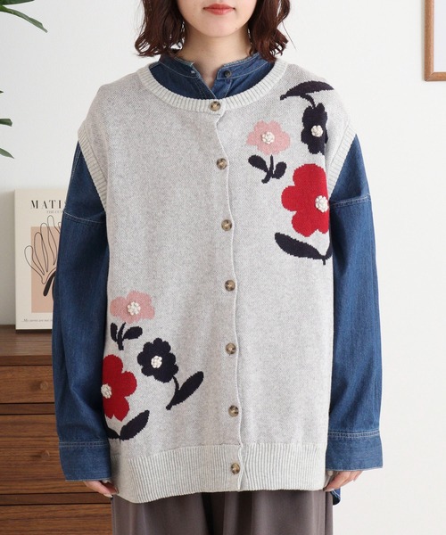 Emago(イマゴ)の「EMAGO 花の刺繍ジャガードベスト(ベスト・レディース・杢グレー/アイボリー/ネイビー・FREE)」の12枚目の写真