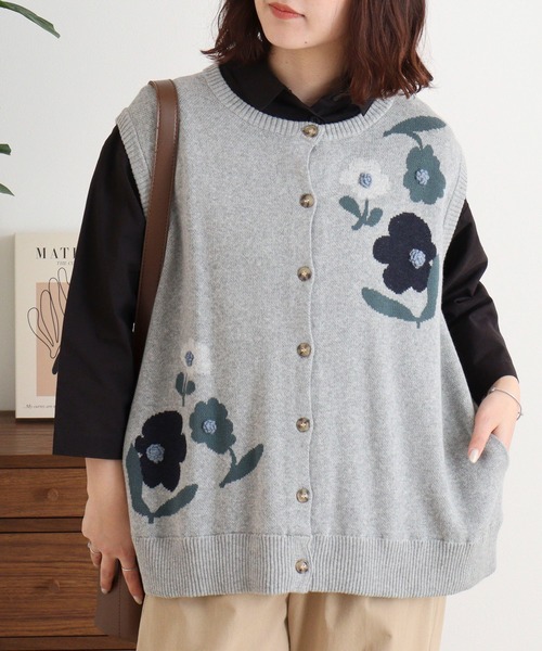 Emago(イマゴ)の「EMAGO 花の刺繍ジャガードベスト(ベスト・レディース・杢グレー/アイボリー/ネイビー・FREE)」の9枚目の写真