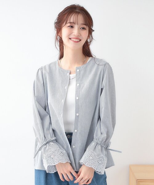 新品未使用 ウィルフリー　刺繍ブラウス　シャツ シワ加工　長袖 半袖2way グラデーション刺繍長袖シャツ｜MEN｜251HAT30-080G｜AZUL BY