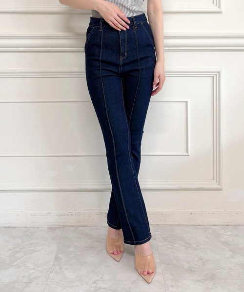 セール】【骨格ウェーブ】美脚ピンタックフレアデニムパンツ（デニム