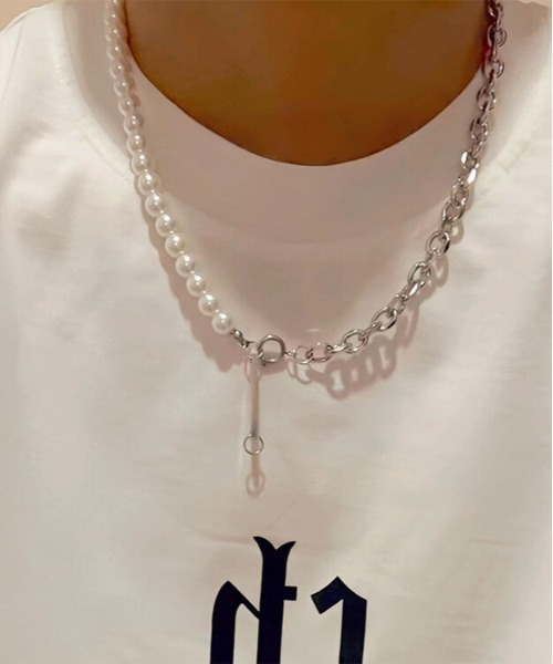 L LABEL(エルラベル)の「ハーフパール切替チェーンネックレス(ネックレス・メンズ・シルバー・FREE)」の3枚目の写真