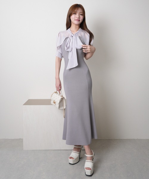2点セット ニット ワンピース シアー ブラウス フェミニン 上品 MERCURYDUO（マーキュリーデュオ）の「シアーカーデセットニット