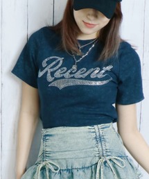 《きらロゴ×短丈》レディース ラインストーン 半袖Tシャツ Y2Kストリート 春夏秋