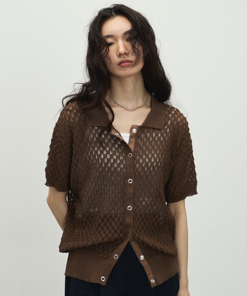 Lutim by u（ルチバイユー）の「Polo collar threadbare clothes knit cardigan / ポロ襟トゲトゲニットカーディガン（カーディガン/ボレロ・レディース・ホワイト/ブラック/ブラウン・FREE）」の3枚目の写真