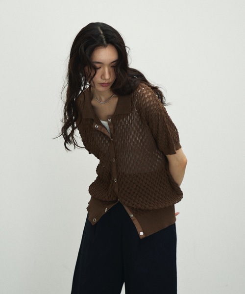 セール】Polo collar threadbare clothes knit cardigan / ポロ