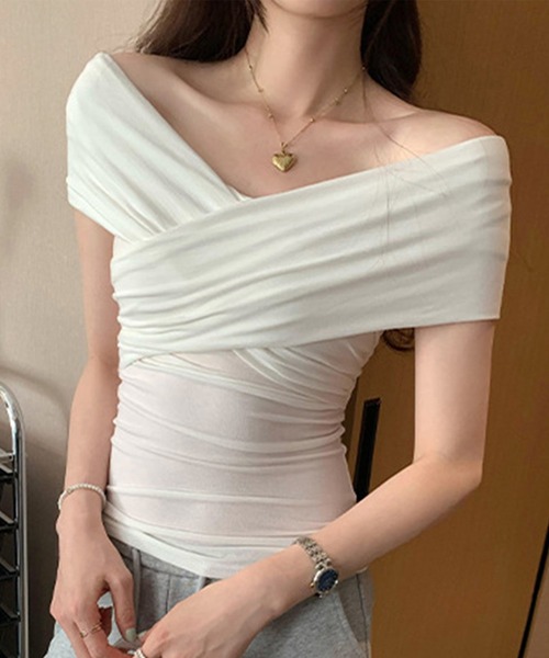 Jasmine Grandiflorum(ジャスミングランディフローラム)の「【Jasmine】クロスデザインオフショTシャツ (SS)(Tシャツ/カットソー・レディース・ホワイト/ミント/ブラック・FREE)」の1枚目の写真