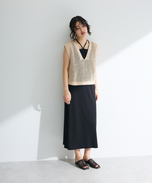 Green Parks(グリーンパークス)の「SET2点ラメメッシュベスト+リブワンピース(ワンピース・レディース・ベージュ/ブラック・FREE)」の5枚目の写真