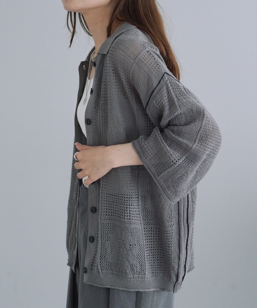 PUAL CE CIN(ピュアルセシン)の「配色透かし編み襟付きカーディガン(カーディガン/ボレロ・レディース・オフホワイト/グレー/ブラック・FREE)」の9枚目の写真