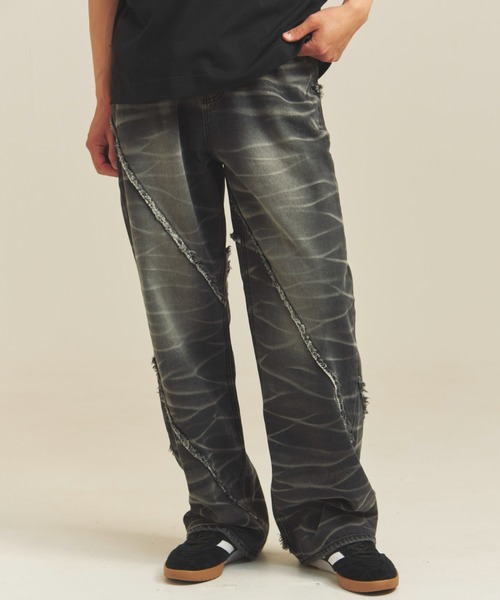 JACKROSE（ジャックローズ）の「JE-SELECT-ナナメ切替・ブラスト加工/デニムパンツ（デニムパンツ・メンズ・ブラック系/インディゴブルー・S/M/L）」の2枚目の写真