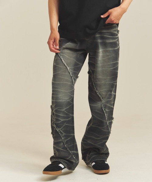 JACKROSE（ジャックローズ）の「JE-SELECT-ナナメ切替・ブラスト加工/デニムパンツ（デニムパンツ・メンズ・ブラック系/インディゴブルー・S/M/L）」の3枚目の写真