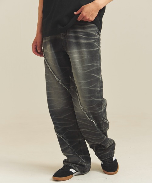 JACKROSE（ジャックローズ）の「JE-SELECT-ナナメ切替・ブラスト加工/デニムパンツ（デニムパンツ・メンズ・ブラック系/インディゴブルー・S/M/L）」の4枚目の写真