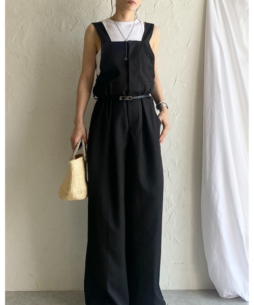 サロペット・オーバーオール・オールインワン esutoreja Wide pants romper セール】フロントジップハイウエストタック入りオールインワン