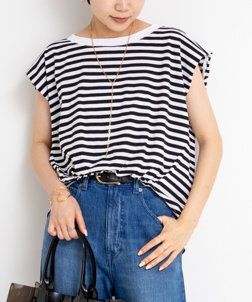 tシャツ フロントギャザーフレンチスリーブボーダーカットソー レディース セール】フロントギャザーフレンチスリーブボーダーカットソー