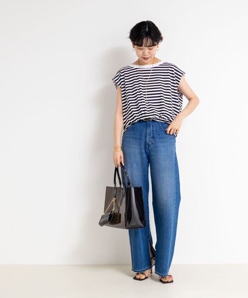 tシャツ フロントギャザーフレンチスリーブボーダーカットソー レディース セール】フロントギャザーフレンチスリーブボーダーカットソー