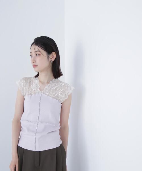 NATURAL BEAUTY BASIC(ナチュラルビューティーベーシック)の「◇【BLANC】パッチワークリブカットソー(Tシャツ/カットソー・レディース・オフホワイト/ラベンダー・FREE)」の2枚目の写真