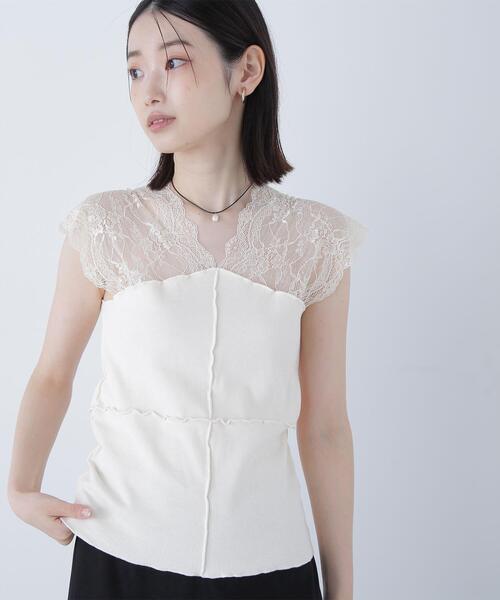 NATURAL BEAUTY BASIC(ナチュラルビューティーベーシック)の「◇【BLANC】パッチワークリブカットソー(Tシャツ/カットソー・レディース・オフホワイト/ラベンダー・FREE)」の1枚目の写真
