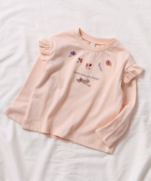 セール】【WEB限定/ジュニア対応】肩フリル フラワーモチーフTシャツ