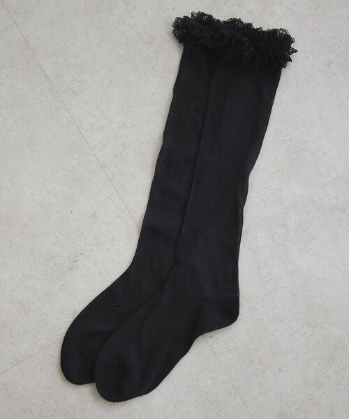 earth music&ecology（アースミュージックアンドエコロジー）の「レースフリル透かしストライプハイソックス（ソックス/靴下・レディース・アイボリー/ブラック・23-25）」の10枚目の写真